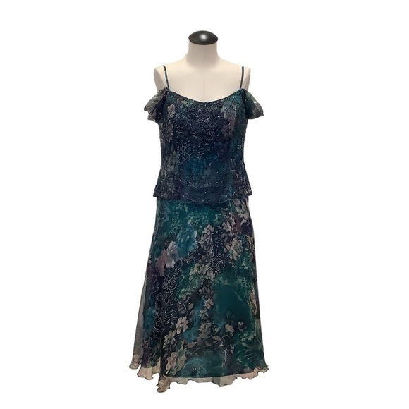 MONTAGE by‎ MON CHERI Floral Silk Beaded Tea Length Dress - Size 12 - Picture 2 of 16